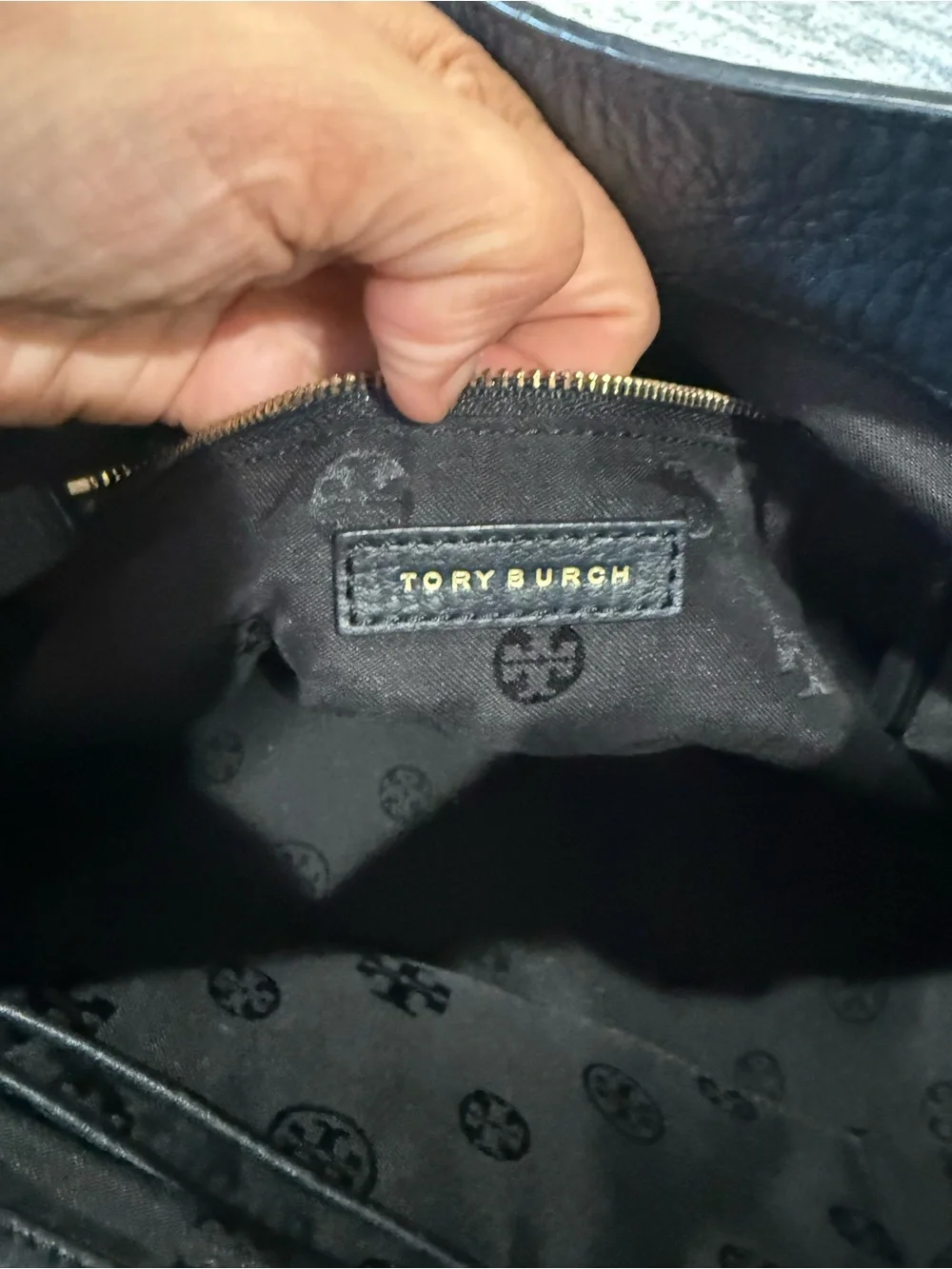 Tory Burch Black Pebbled Leather Satchel with Gold Accents